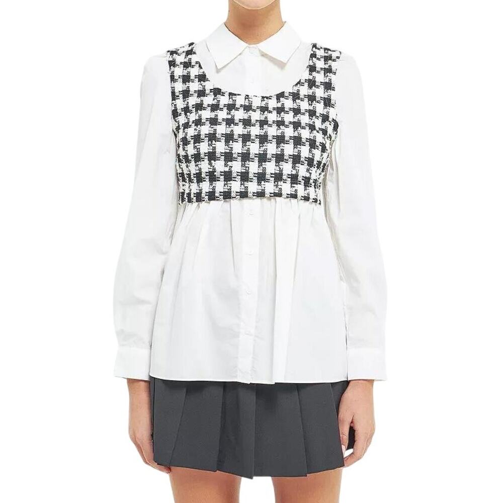 ENGLISH FACTORY Women's Check Tweed Poplin Blouse Size S In Black/White